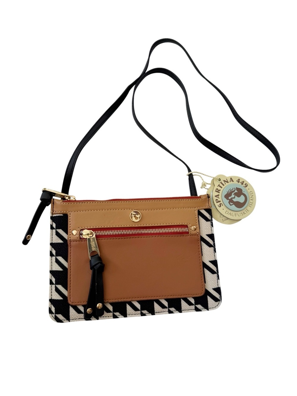NWT Spartina 449 Stoddard Slim Hipster Crossbody Bag Linen Leather Black Cognac
